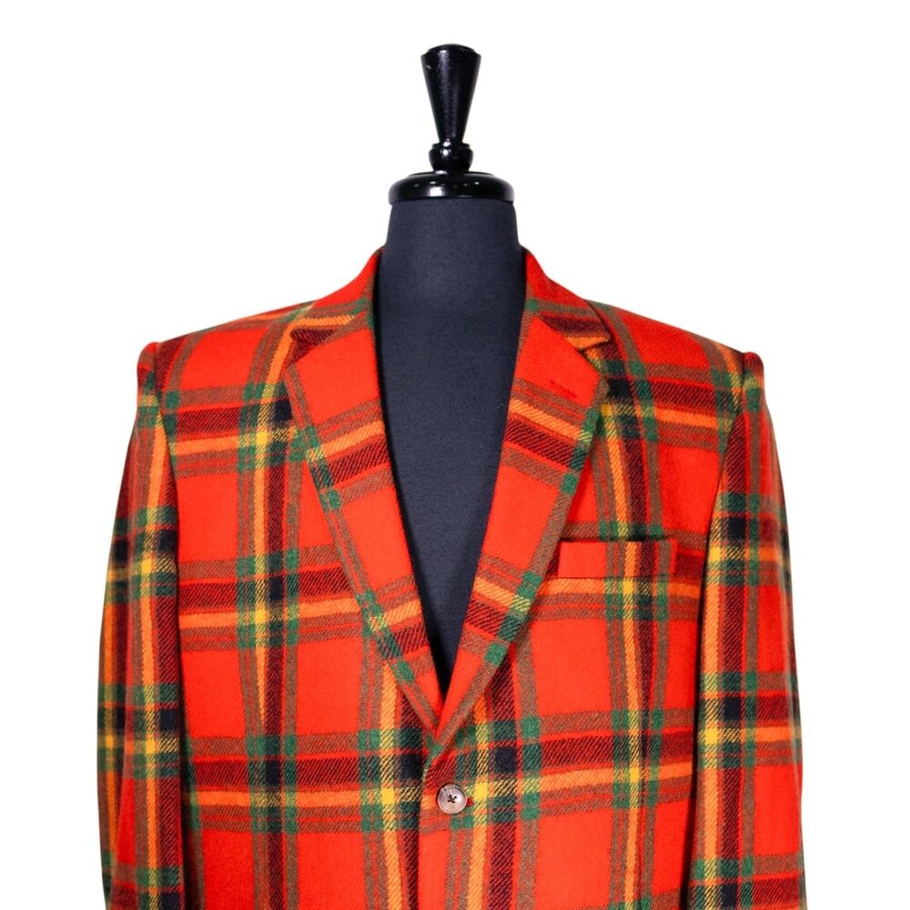 Mens Lambswool Blazer 44R Orange Green Tartan Plaid Sport Coat Jacket Preppy - Picture 5 of 10